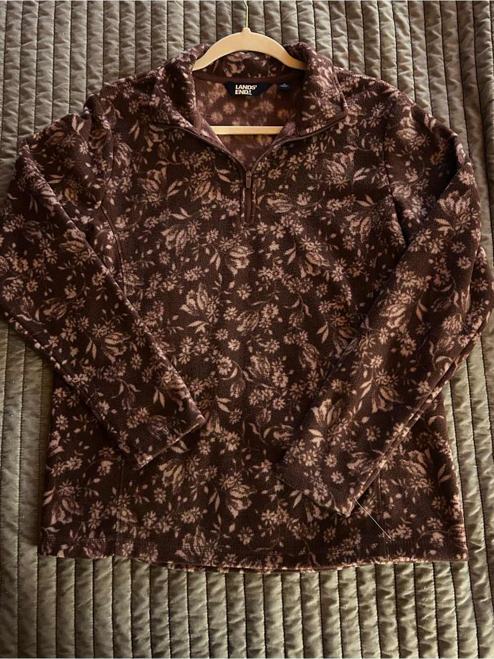 Lands' End burgundy & pale pink Floral Quarter-Zip Fleece Pullover